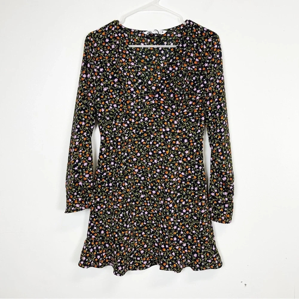 Zara Dress Women Size XS Black Multicolor Floral VNeck Long Sleeve